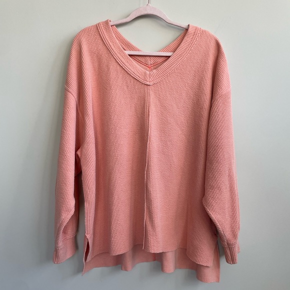 Aerie Soft Coral Pink Oversized Ribbed V-Neck Sweater - Picture 3 of 9